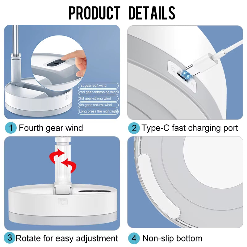 P10 10800Mah Folding Portable Fan USB Remote Control Air Cooler Silent Rechargeable Wireless Floor Standing Fan for Camping Desk