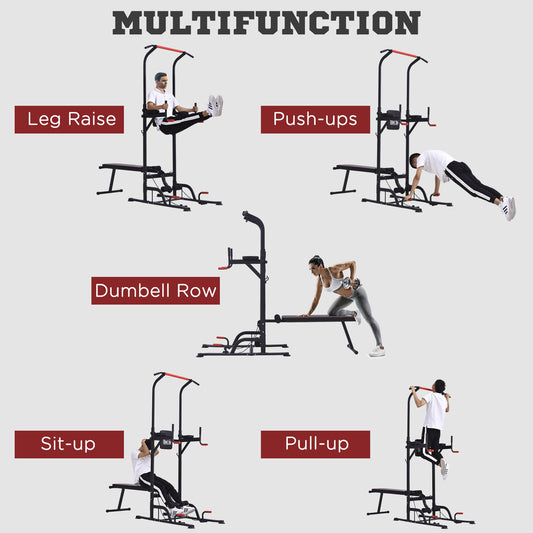 Home Workout Power Tower Dip Station W/ Sit-Up Bench Push-Up Bars Tension Ropes