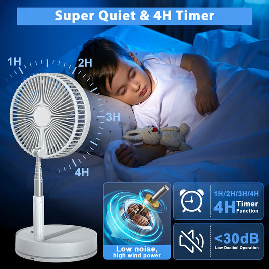 9" Foldable Rechargeable Fan Retractable Portable Mini Electric Fan with 7200Mah Battery & Remote Control for Home Office