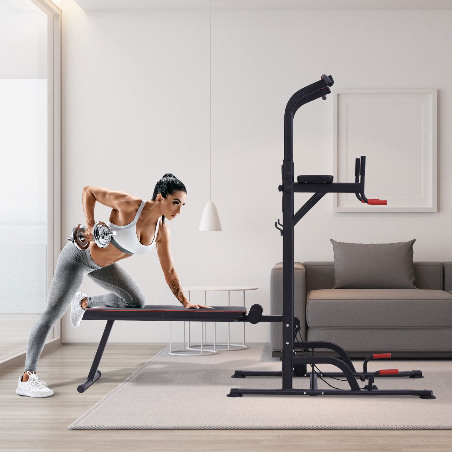 Home Workout Power Tower Dip Station W/ Sit-Up Bench Push-Up Bars Tension Ropes