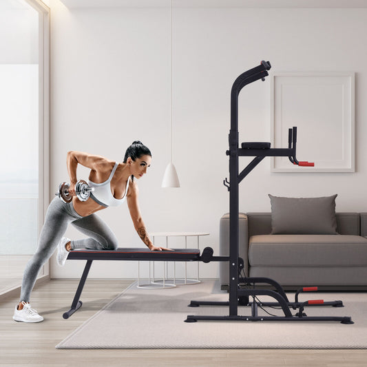 Home Workout Power Tower Dip Station W/ Sit-Up Bench Push-Up Bars Tension Ropes