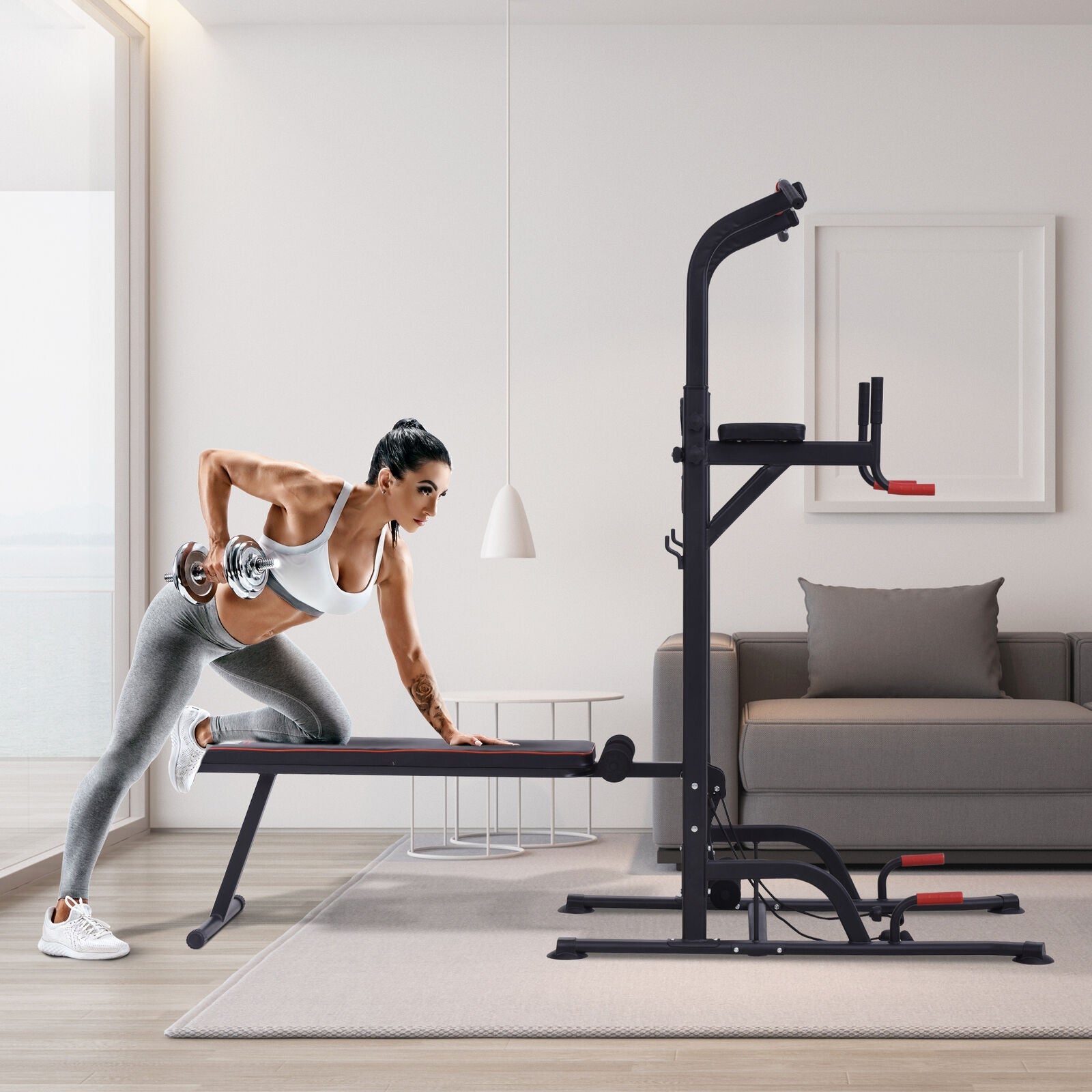 Home Workout Power Tower Dip Station W/ Sit-Up Bench Push-Up Bars Tension Ropes