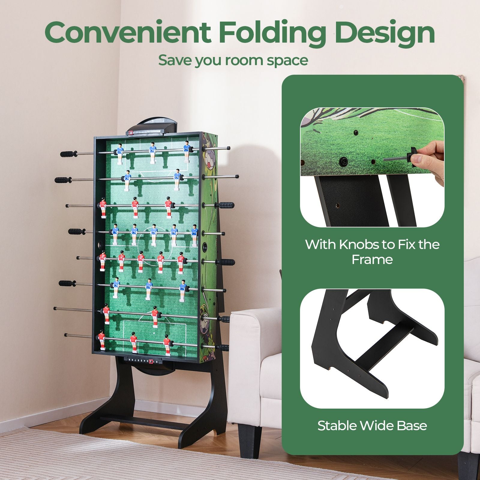 Foldable Foosball Table Game Set with 26 Players and Anti-Slip Grips