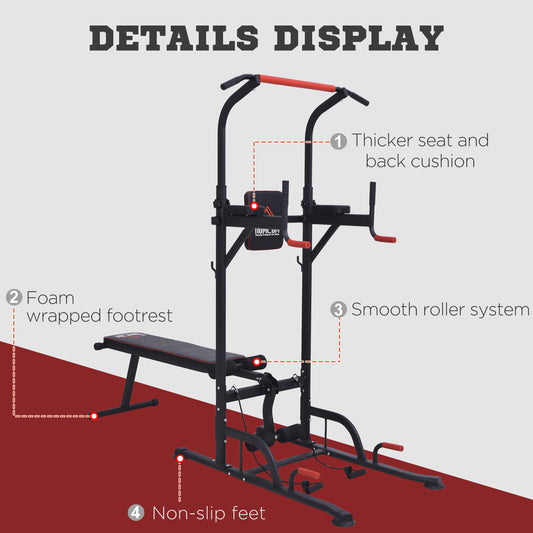 Home Workout Power Tower Dip Station W/ Sit-Up Bench Push-Up Bars Tension Ropes