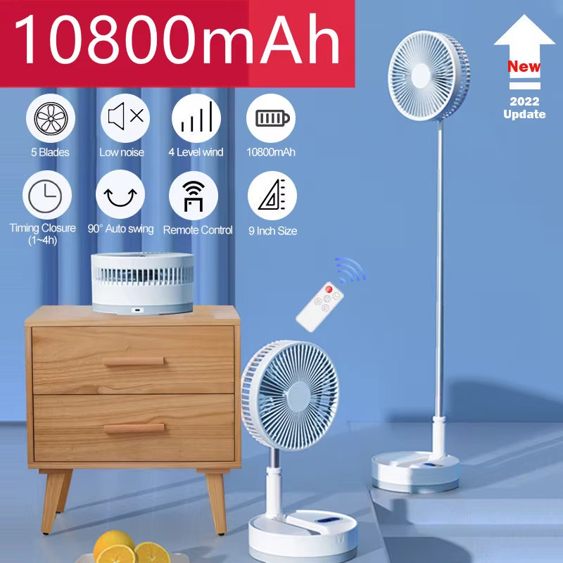 P10 10800Mah Folding Portable Fan USB Remote Control Air Cooler Silent Rechargeable Wireless Floor Standing Fan for Camping Desk