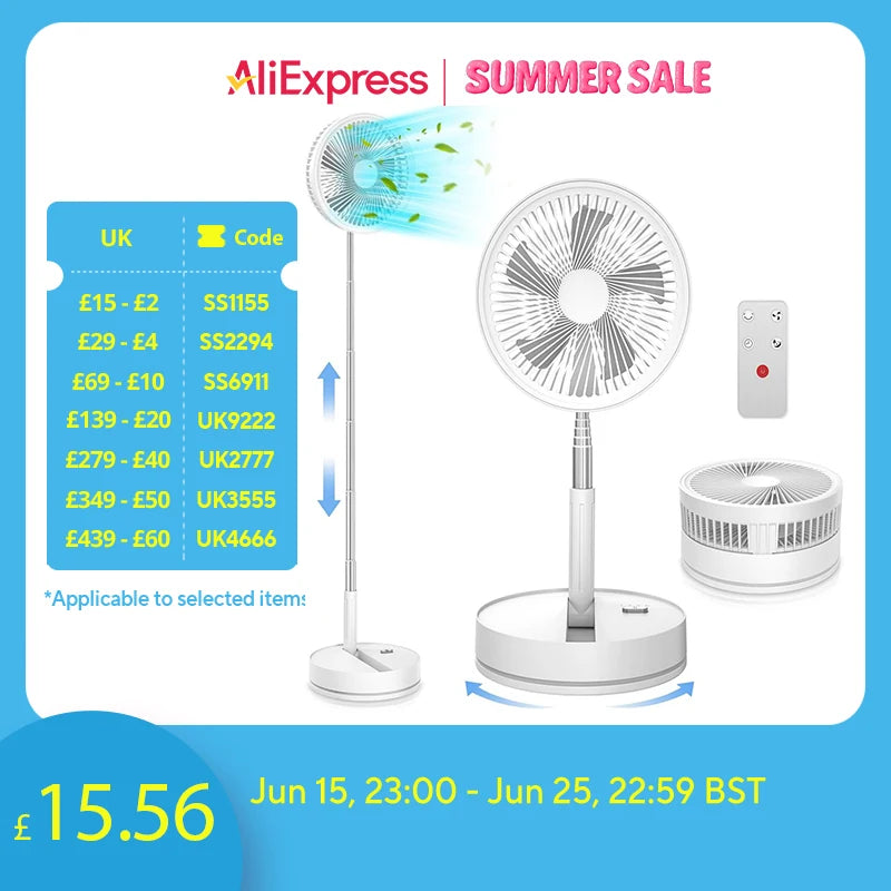 9" Foldable Rechargeable Fan Retractable Portable Mini Electric Fan with 7200Mah Battery & Remote Control for Home Office
