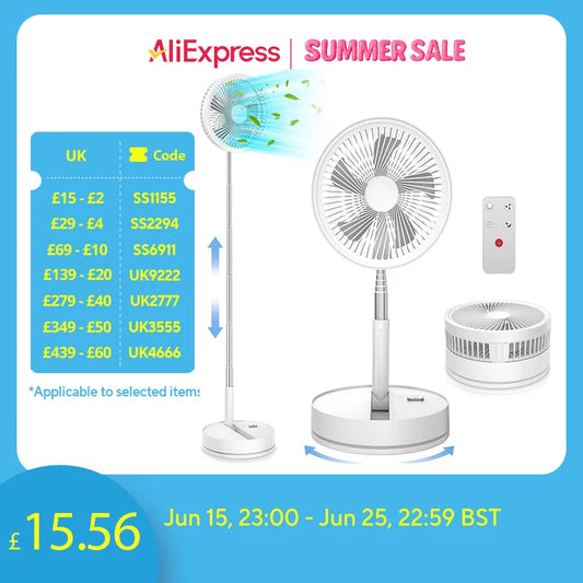9" Foldable Rechargeable Fan Retractable Portable Mini Electric Fan with 7200Mah Battery & Remote Control for Home Office